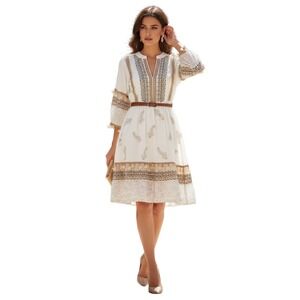 POL White Boho Embroidered Tassel Mini Dress Swiss Dot Sequin NWT Small